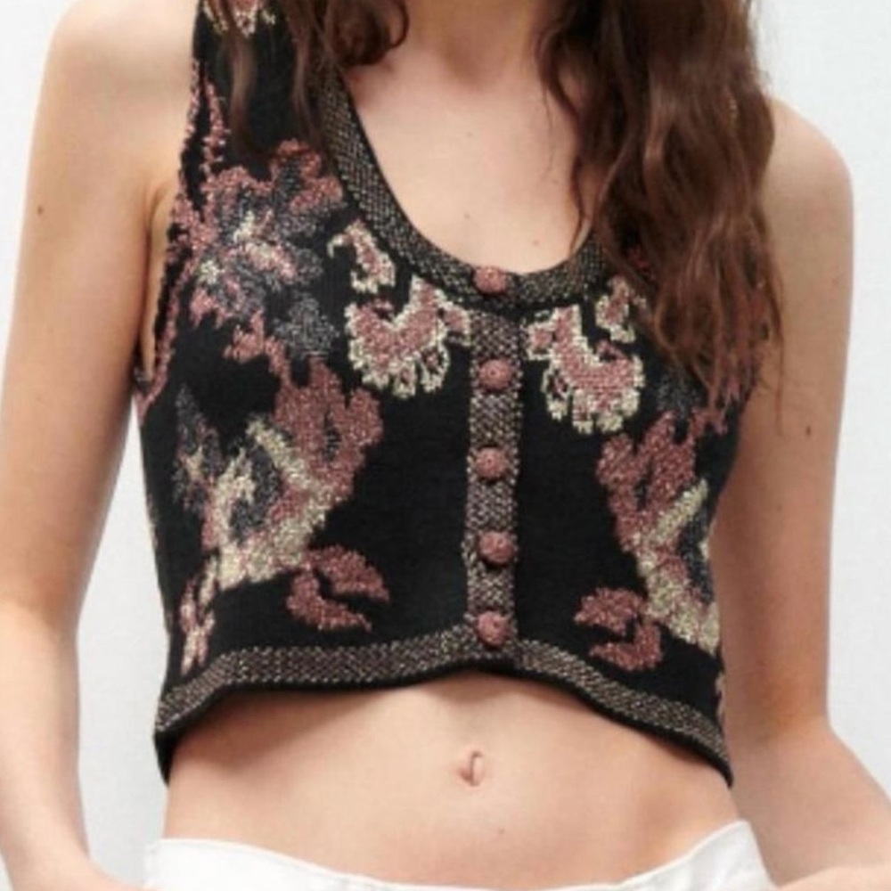 Zara Black Cropped vest - Rose & Cream Floral Embroidery